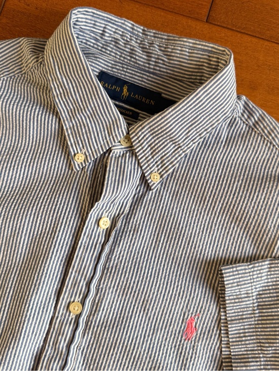 Ralph Lauren Other - Ralph Lauren Seersucker Blue White Stripe SS Button-Down Pink Horse Shirt - L